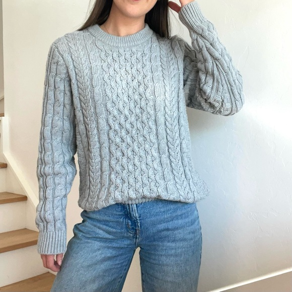 Vintage L.L. Bean Grey Chunky Fisherman Cable Knit Oversized Preppy Crew Sweater - Picture 1 of 8